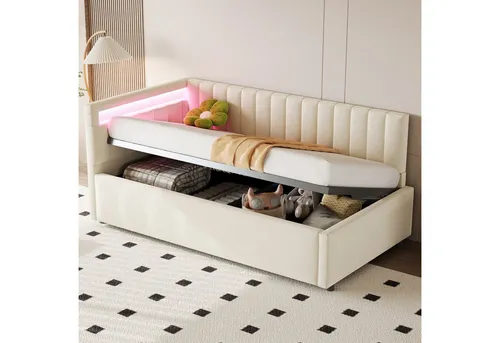 OKWISH Schlafsofa Polsterbett für Kinder, 90x200 cm mit LED-Beleuchtung und Stauraum