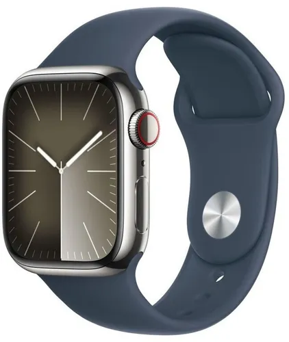 Apple Watch Series 9 45 mm Edelstahlgehäuse in Silber mit sportlichem sturmblauem Armband