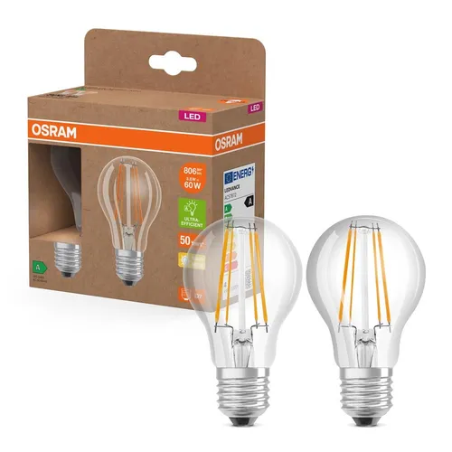 Osram LED Filament Birnen 3,8W = 60W E27 klar 806lm warmweiß 2700K effizient 2 x
