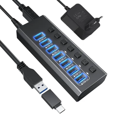 USB-3.0-Hub-betrieben, Aluminium, 7 USB-Ports, SuperSpeed-Daten-Hub mit 12 V/2 A Netzteil und individuellem An-/Aus-Schalter für Surface Pro, Windows, PC, Laptop, Desktop, Notebook und mehr