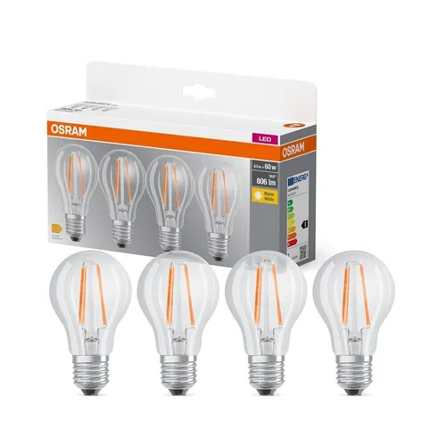 Osram Leuchtmittel Ledvance 4er Set E27 6,5 Watt LED Filament warmweiß - Energiesparlampen mit 806 Lumen Lichtstrom, ideal für energieeffiziente Haushaltsbeleuchtung. Stoßfest, sofortige Helligkeit und umweltfreundlich ohne Quecksilber.