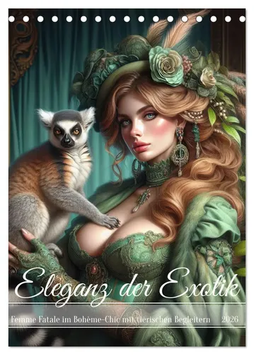 Eleganz der Exotik - Femme Fatale Tischkalender 2026 - Kalender mit 12 atemberaubenden Bildern von sinnlichen Frauen im Bohème-Chic, begleitet von exotischen Tieren. Hochwertiger Tischkalender, perfekt für Kunstliebhaber und ein ideales Geschenk!