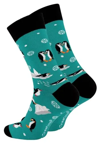 Vincent Creation Bunte Lustige Socken Damen & Herren Fun Socks Witzige Strümpfe Verrückte Socken Mehrfarbig als Geschenk, Einheitsgrösse, (41-45, PinguinPetrol)