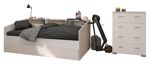 58aufmkessel Kinderzimmer-Set – Stauraumbett & Kommode in Weiß und Eiche - Komplettes Kinderzimmer-Set mit Stauraumbett und zusätzlicher Kommode. Optimaler Stauraum durch drehbare Rückwände und praktische Ablagefächer. Ideal für ein funktionales und stilvolles Kinderzimmer.