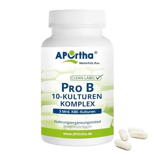 APOrtha® Pro B 10-Kulturen - 60 magensaftstabile Kapseln, 3 Mrd. KBE Kulturen je Tagesdoses, allergenfrei, glutenfrei, lactosefrei, vegetarisch ohne Zusatzstoffe