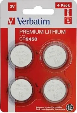 Verbatim Premium Lithium Knopfzellen CR2450 - 4er Pack 3V 580mAh, langlebige Batterien für Uhr, Autoschlüssel und mehr, zuverlässige Stromversorgung mit Child-Safety-System