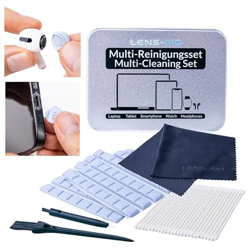 LENS-AID 5-in-1 Handy Reinigungsset - Reinigungsknete zum Reinigen von USB-C Ladebuchse & Lightning-Anschluss, In Ear Kopfhörern – Smartphone Reiniger mit Pinsel, Reinigungstuch & Reinigungsstäbchen