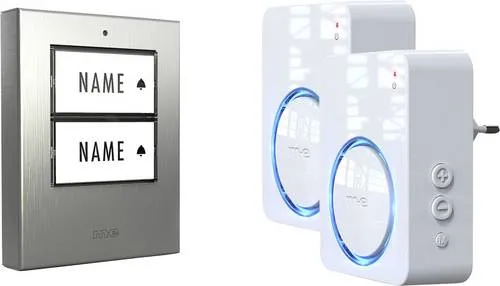 M-e modern-electronics 100151 Funkklingel Komplett-Set mit Bewegungsmelder - Moderne Funkklingel mit beleuchtetem Namensschild und klangaktivem Signal. Ideal für jeden Eingang, sorgt für benutzerfreundliche Bedienung und Sicherheit.