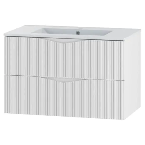 Lomadox Waschtisch 80 cm in Weiß mit gerillter Front und 2 grifflosen Schubladen