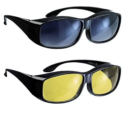 infactory Überziehbrille Damen: Schärfer-Sehen-Set mit 2 Überziehbrillen - Sonnenbrillen für Brillenträger im Set: Tag- und Nachtvision mit UV-Schutz 400. Ideal für wechselnde Lichtverhältnisse, inklusive praktischer Klemmhalterungen für die Kfz-Sonnenblende.