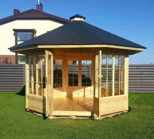Freizeithütte Gartenlaube Pavillon - Wasserresistenter Gartenpavillon - Moderner Pavillon mit wasser- und wetterresistentem Design. Ideal für den Garten, bietet Platz für gesellige Stunden. Maße: 3,762 x 3,476 x 2,38 m, mit 2 Jahren Herstellergarantie.