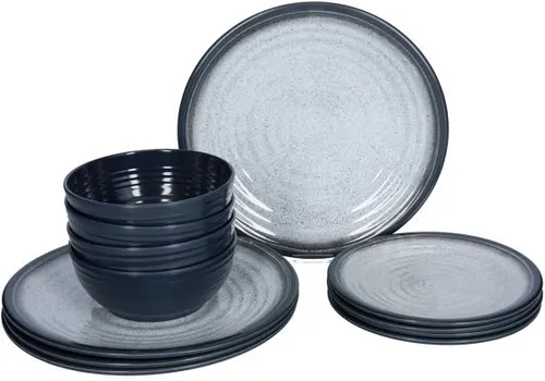 Flamefield GG0112 Melamin-Geschirr-Set, Grau Granit, 12-teilig - Tafelservice aus bruchsicherem Melamin mit elegantem Graniteffekt, perfekt für Camping und Picknicks. 100% spülmaschinenfest, 12-teiliges Set für stilvolles Essen im Freien.