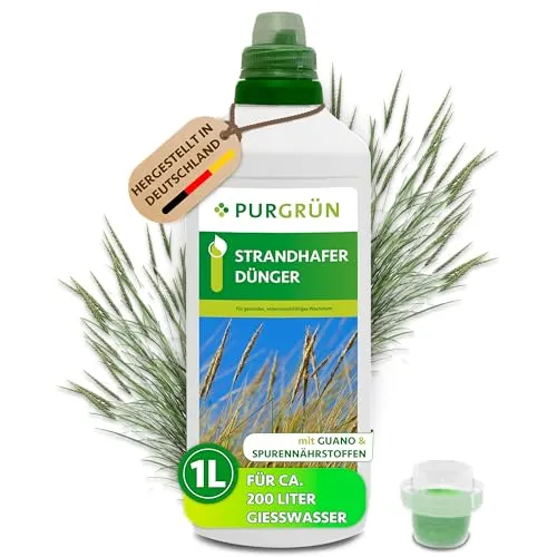 Purgrün Strandhafer Dünger NPK 10+4+6, 1 Liter - Flüssigdünger für Strandhafer und Ziergräser, stärkt die Widerstandskraft und fördert gesundes Wachstum durch optimale Nährstoffversorgung.