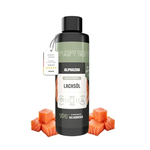 alphazoo Lachsöl für Hunde 250 ml – kaltgepresstes Omega‑3 & ‑6 Fischöl aus Norwegen, Barf‑geeignet, Fellpflege, natürlich & in Deutschland abgefüllt
