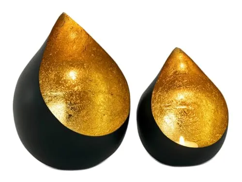 Teelichthalter Set 2-teilig Kerzenständer Tropfenform Metall schwarz matt innen vergoldet