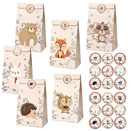 Papiertüten Kinder, 12 Stück Tierische Papier Geschenktüten mit 18 cute Aufkleber, Geschenk-verpackung Papiertüten Kraftpapiertüte zum Verpacken von Geschenken, Kindergeburtstag