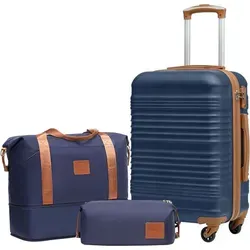 COOLIFE Koffer-Set Trolley ABS Hartschale Reisekoffer 4 Rollen TSA-Schloss Handgepäck-Set 3tlg Blau/Braun