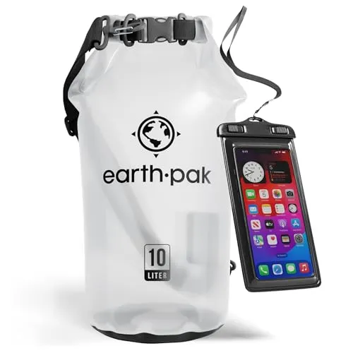 Earth Pak – Wasserdichter Packsack mit Schultergurt und wasserfester Handyhülle – Ideale Rolltop Tasche beim Kajak Fahren, Wandern, Camping, Angeln, Bootfahren und Rafting (Klar, 10L)