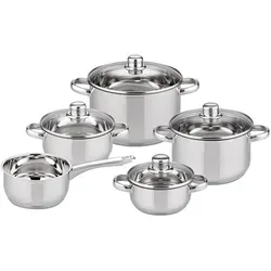 ELO Topfset Galactica Edelstahl 5-teilig - Hochwertig und Vielseitig - Kochtöpfe aus robustem Edelstahl 18/8, spülmaschinenfest und für alle Herdarten geeignet. Ideal für vielseitige Kochmöglichkeiten mit eleganten Glasdeckeln.