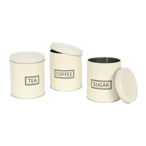 Harbour Housewares 3pc Runden Metall Tee Kaffee Zucker Kanister-Set - Creme - Jahrgang Küche Vorratsdose Caddie Container Kanister Gläser mit Deckel