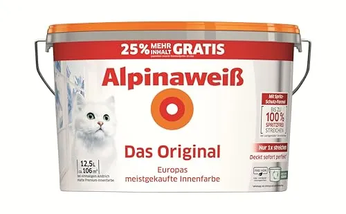 Alpinaweiß 12,5 L mit 25 % gratis - Innenfarbe für ein strahlend weißes Finish, jetzt mit 25 % mehr Inhalt für optimale Deckkraft und Langlebigkeit.