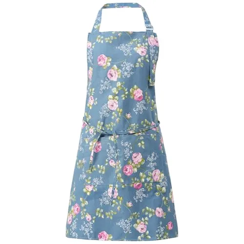 DILLMAN Schürzen für Frauen mit Taschen, Baumwollleinen, Kochen, Küche, Backen, weich, langlebig, Blumenschürze für Gartenarbeit, Blau, Full Length, Adjustable Strap