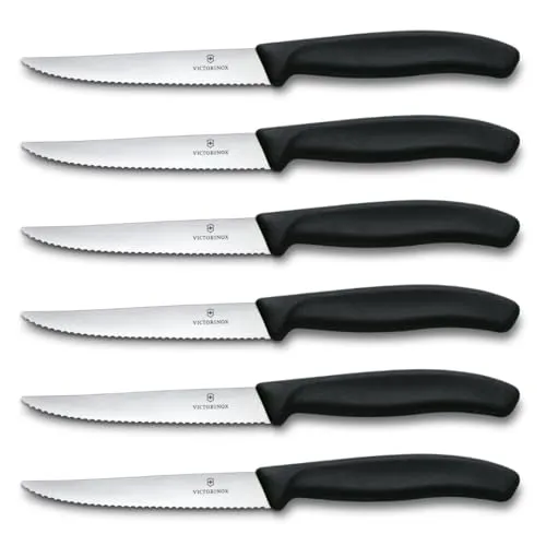 Victorinox Swiss Classic Profi Steak- und Pizzamesser-Set, 6-teilig, Tafelmesser, Wellenschliff, Scharfe Klingen, 11 cm, Robuste Kunststoffgriffe, Schwarz