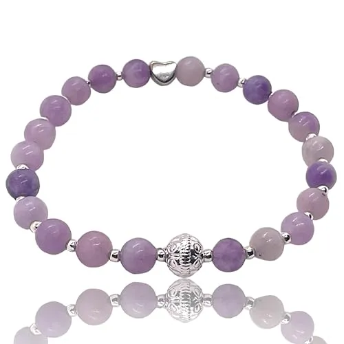 Steinfixx® - Elegantes Perlenarmband aus Lepidolith - Hochwertiges Edelsteinarmband mit Silberperlen und silbernem Herz - handgefertigt - in Geschenkbox (Perlen 4 mm)