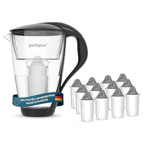 PearlCo Wasserfilter Glas Wasserfilter Schwarz mit 12 Protect Plus Filterkartuschen - Filter für reines Wasser, reduziert Kalk und Schwermetalle, ideal für besten Geschmack von Tee und Kaffee.