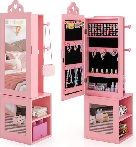 in 1 Spiegelschrank mit Ganzkörperspiegel & Kleiderständer Kinder Schmuckschrank Rosa 3