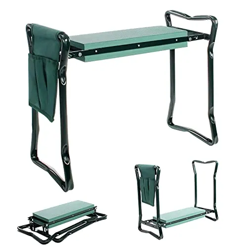 Todeco Gartenhocker Kniebank mit Gartenwerkzeug Tasche, Gartenhelfer Kniehilfe für Gartenarbeit, 2 in 1 Sitzbank klappbar Garten mit Schaumkissen und Stahlrohrgestell