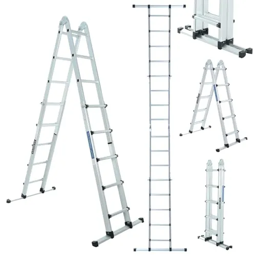 WORHAN Leiter 555cm Aluminium Teleskopleiter Klappleiter Anlegeleiter Ausziehbare Trittleiter mit Stabilisatorstange Vielseitige Multifunktionsleiter LG5.5
