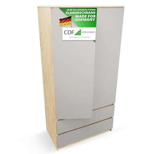 CDF Kleiderschrank Eiche Artisan/Kaschmir 90cm - Kleiderschrank mit 2 Türen und 2 Schubladen, ideal für Kinderzimmer oder Schlafzimmer. Modernes Design und grifflose Türen sorgen für eine elegante und funktionale Lösung.