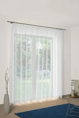 Fertigstore Gardine - weiß-blau 300x120 cm - Gardinen & Vorhänge, stilvoller Faltenband-Design, ideal für einen eleganten Look in jedem Raum.