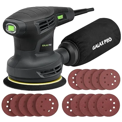 GALAX PRO Exzenterschleifer 280W, 125mm Schleifmaschine, 13000 OPM Zufalls-Orbitalschleifer mit 6 variablen Geschwindigkeiten und 15 Stückchen, staubsaugerkompatibel für Holz- & Schleifarbeiten