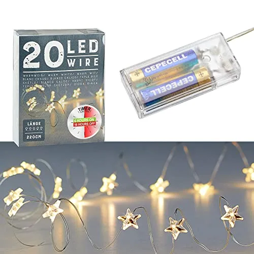 Cepewa Mikro Draht Lichterkette Stern warmweiß silber Batterie Deko Beleuchtung Weihnachten Timer (1 x 20 LED Stern Mikro-Draht Lichterkette 220cm)
