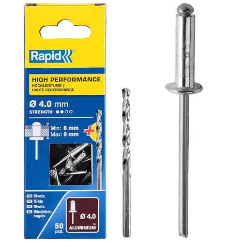 Rapid Blindnieten Aluminium Universal Ø 4mm, 6-9mm Klemmbereich, 50 Stk. Nieten, Set inkl. Bohrer, für Blindnietzangen