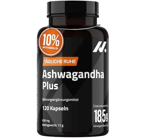 Ashwagandha Plus 18.450 mg – Hochdosiertes Ashwagandha Kapseln 50:1 mit 10% Withanoliden & Vitamin B6 – Anti-Stress & Schlaf Supplement zur Cortisol-Balance – 120 vegane Kapseln