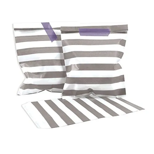 Frau WunderVoll® 25 PAPIERTÜTEN Taupe/HELLGRAU, Streifen 13 x 16,5 cm, 45 Gramm Papier, flach/Candy Bar, Hochzeit, Kindergeburtstag, Papiertütchen, Candybag, Tüten, Mitgebseltüten