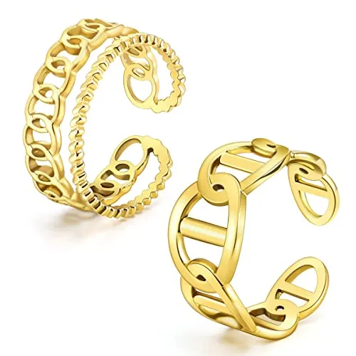 Emibele Ringe für Damen, 2 Stück Fingerringe aus 18 K Vergoldetem Edelstahl, Verstellbare Offene Ringe mit Panzerkette Design, Bandring für Frauen Mädchen Freundin, Schmuck Geschenk - Gold