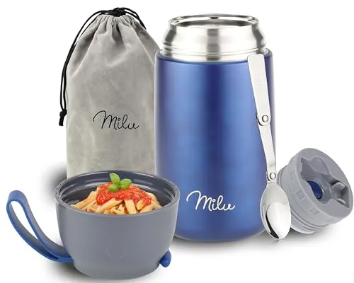 Milu® Thermobehälter für Essen 800ml, Edelstahl Warmhaltebehälter mit Löffel, Thermobecher Essen, Thermo Lunchbox für Kinder, Erwachsene, Thermobox Suppen, Babybrei, Speisebehälter Navyblau, 800ml