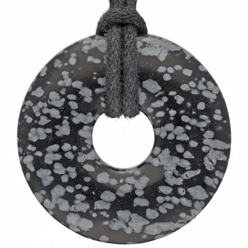Lebensquelle Plus Edelstein Donut Ø 30 mm + Baumwollband | Naturstein Anhänger Halskette | Echte Heilsteinkette inkl. Band (Schneeflocken-Obsidian)