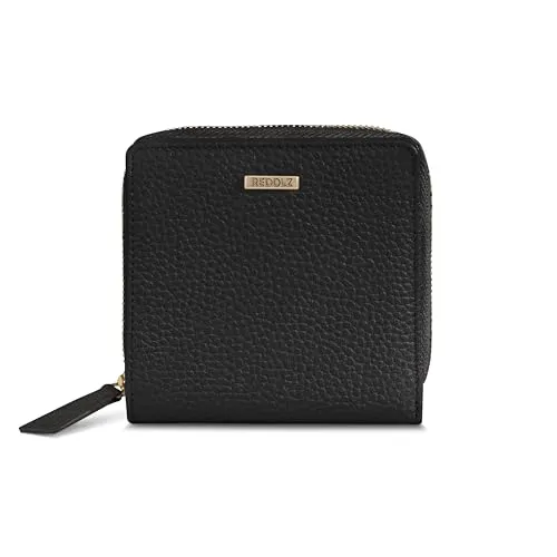 REDOLZ kompakte Leder Geldbörse Damen | mit Druckknopf, Reißverschlussfach, 6 Kartenfächer, RFID-Schutz | 10 x 10 x 2,5 cm (schwarz)