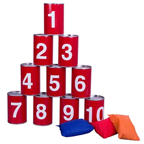 Büchsenwurfspiel mit 10 nummerierten Dosen & 3 Sandsäckchen – Dosenwerfen Wurfspiel für Garten, Geburtstag, Outdoor, Camping