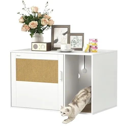 PawHut Katzenklo-Schrank mit Kratzpad - Katzentoilette im Boho-Stil, kombiniert Funktionalität mit Eleganz. Ideal für Katzen bis 6 kg, hilft Gerüche zu kontrollieren und dient gleichzeitig als stilvoller Beistelltisch.