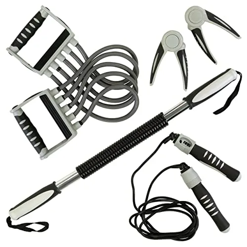 MAXXIVA® Fitness-Set 5-teilig – Springseil mit Zähler, Expander, 2 Handtrainer & Biegehantel – Ganzkörpertraining für Zuhause & Gym – schwarz/grau – Enjoy Sport.