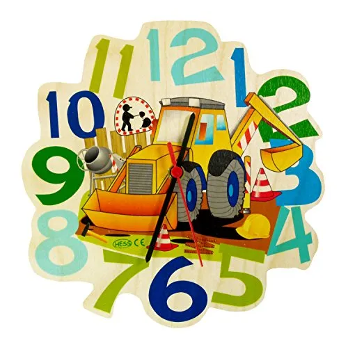 Hess Holzspielzeug 30008 - Wanduhr aus Holz für Kinder, Serie Baustelle, mit Quarzuhrwerk, handgefertigt, Durchmesser ca. 24 cm, farbenfroher Zeitanzeiger für´s Kinderzimmer