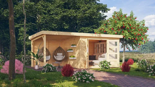 Karibu Gartenhaus Kerko 6 mit Anbaudach – 302x306 cm - Modernes Gartenhaus aus 19 mm nordischer Fichte mit hellem Innenraum dank großer Fensterecke. Schnelle Montage durch Steck- und Schraubsystem. Ideal für Werkstatt oder Gerätespeicher.