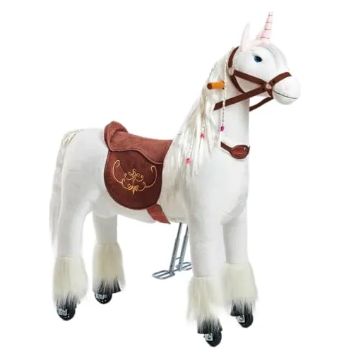 PONNIE Einhorn mit Rollen M (5-12 Jahre), Unicorn zum Reiten mit Abnehmbarer Braun Sattel und Halfter mit Zaumzeug, Kämmbare Mähne und Schwanz, Plüschpferd zum Reiten für Kinder