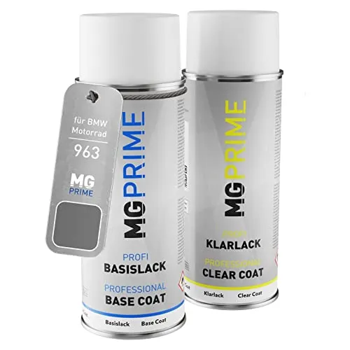 MG PRIME Motorradlack Sprühdosen Set für BMW Motorrad 963 Granitgrau Metallic Matt Basislack Klarlack Spraydose 400ml